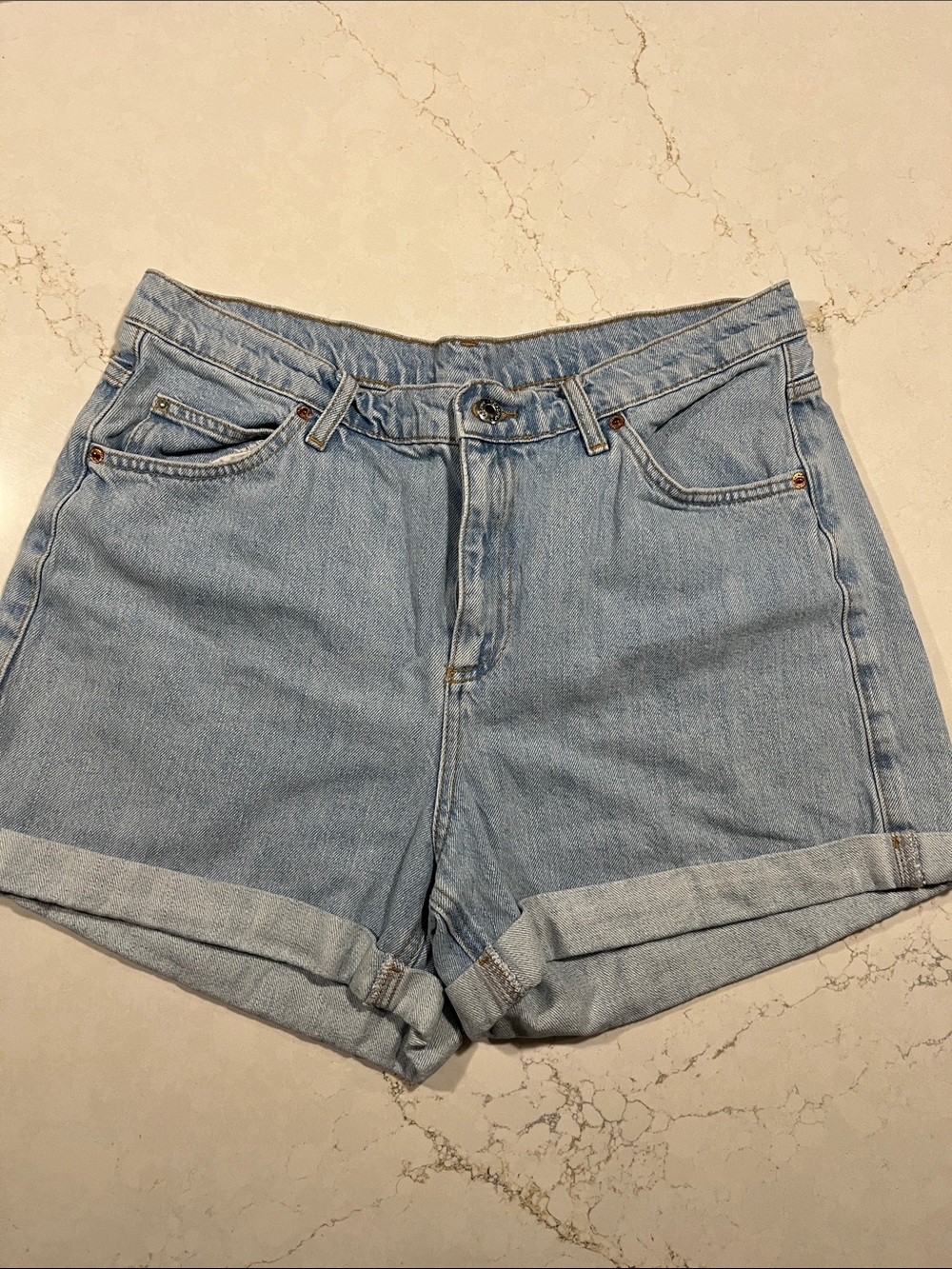 Topshop Light Blue High-Waist Cuffed Denim Shorts